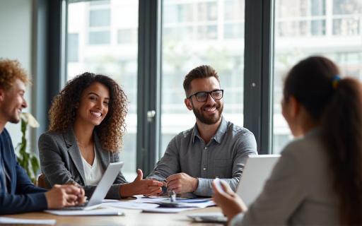 A group of diverse professionals collaborating in a bright meeting room.