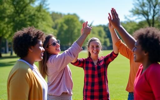 A team celebrating a successful group activity outdoors.